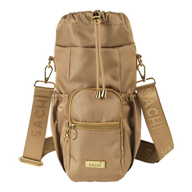 Beige latte crossbody insulated bottle holder with strap