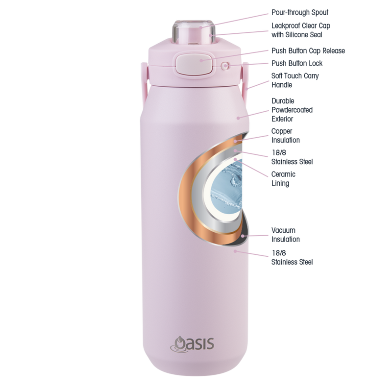 Oasis Capri Ceramic Lined Stainless Steel Triple Wall Insulated Drink Bottle 1 Litre Pink Lemonade image 16