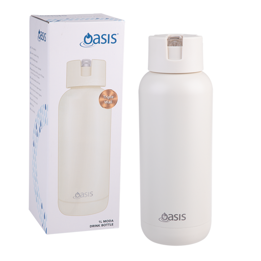Large white ceramic lined water bottle 1 litre with straw