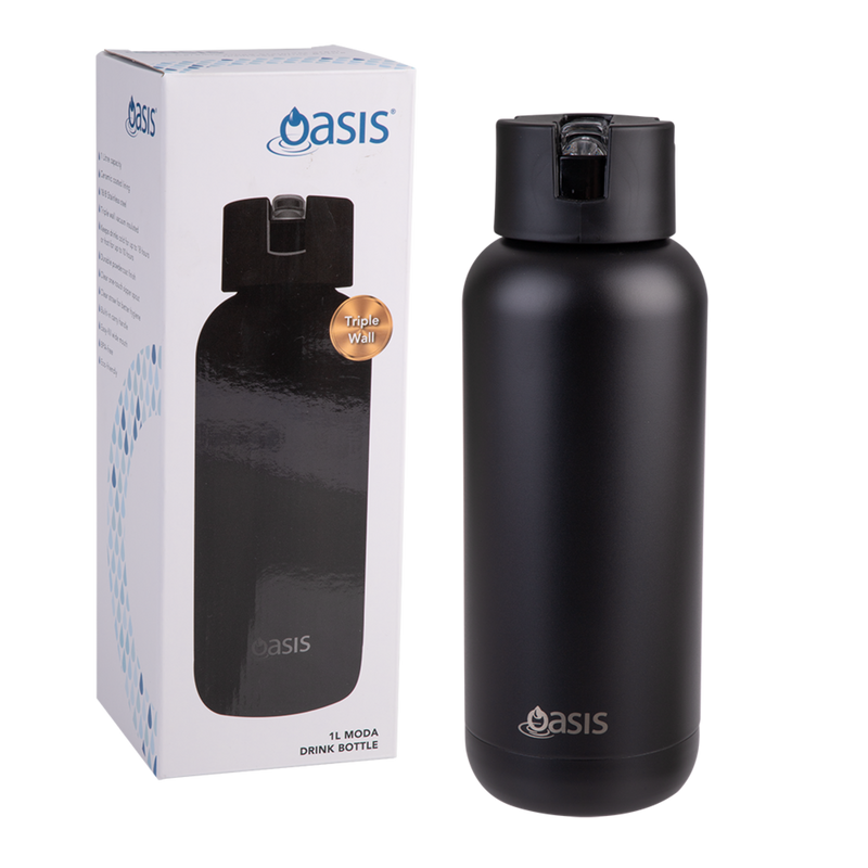 Large black ceramic lined water bottle 1 litre straw