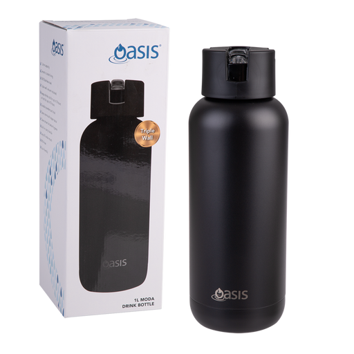 Large black ceramic lined water bottle 1 litre straw