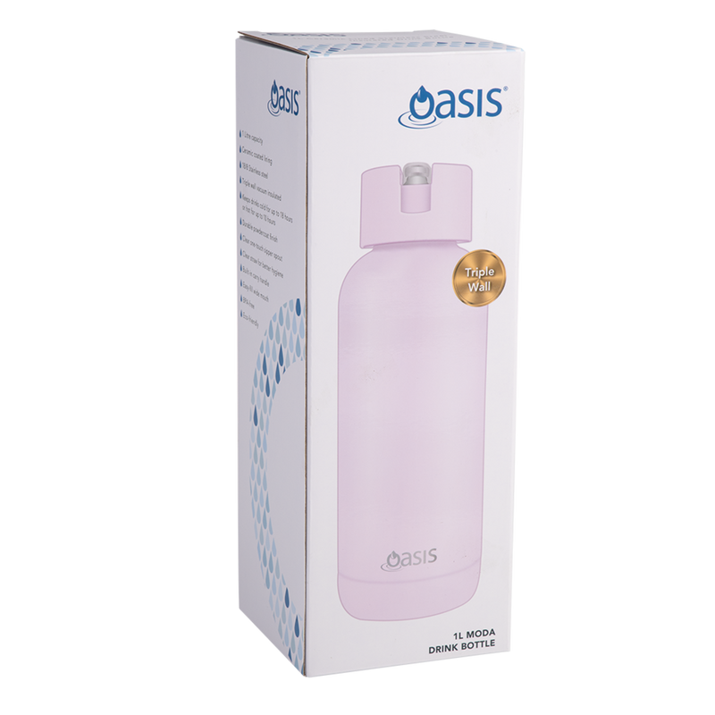 Oasis Moda Ceramic Lined Stainless Steel Triple Wall Insulated Drink Bottle with straw 1 Litre Pink Lemonade image 3