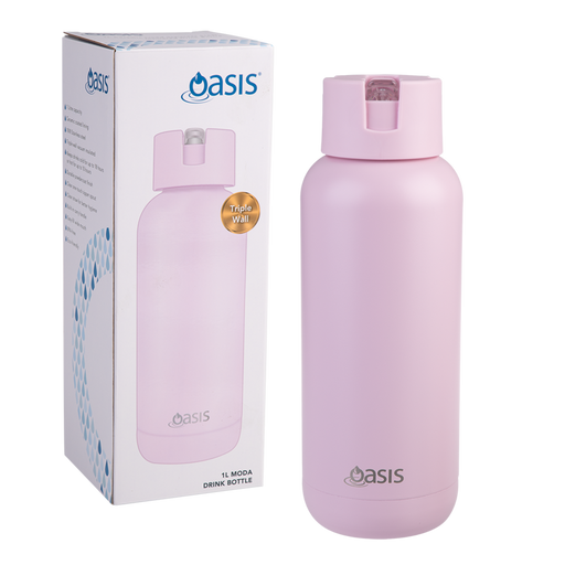 Large pink ceramic lined water bottle 1 litre straw