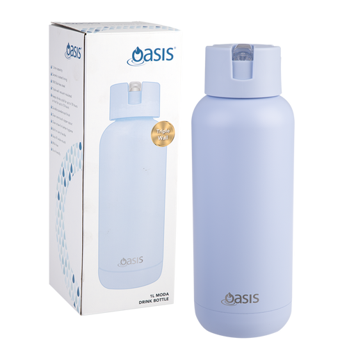 Large blue ceramic lined water bottle 1 litre straw