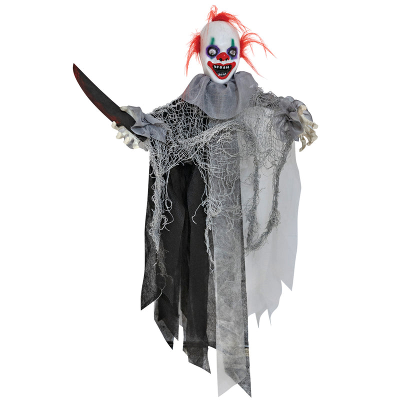 Hanging shaking Halloween clown animatronic with knife prop