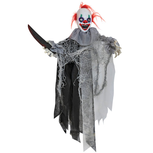 Hanging shaking Halloween clown animatronic with knife prop