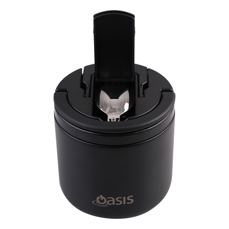 Oasis Stainless Steel Double Wall Insulated Food Flask with Quick Release Lid & Spork 550ml Black image 5