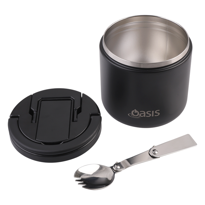 Oasis Stainless Steel Double Wall Insulated Food Flask with Quick Release Lid & Spork 550ml Black image 7