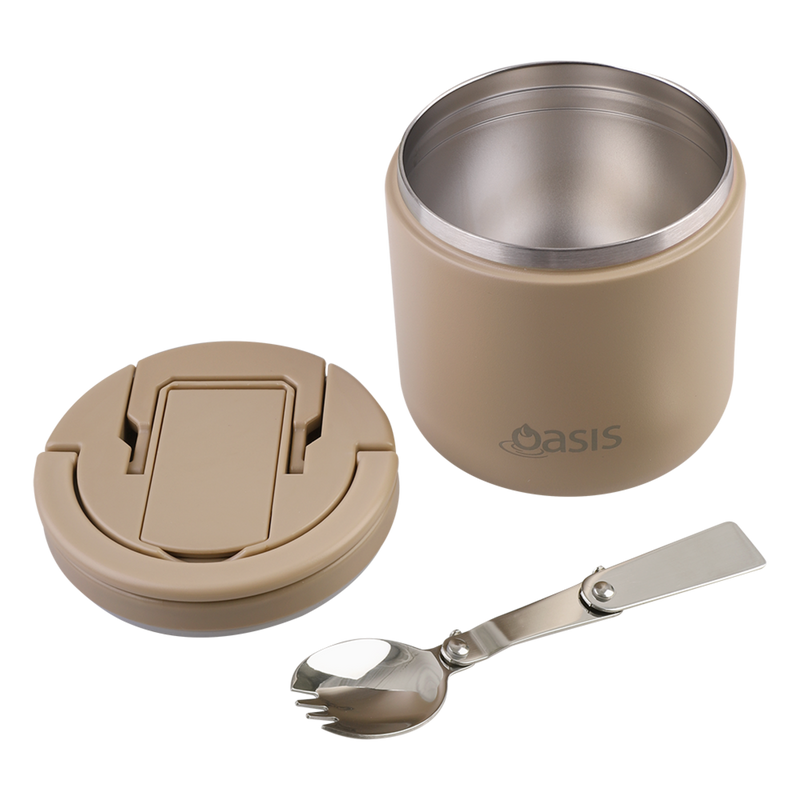 Oasis Stainless Steel Double Wall Insulated Food Flask with Quick Release Lid & Spork 550ml Latte image 7