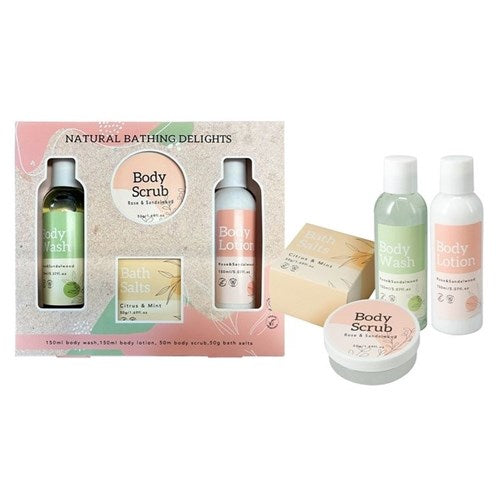 Four piece assorted bath care collection inside a gift box