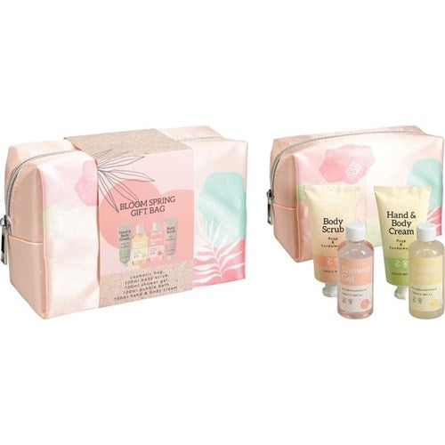 Four piece body and bath collection packed inside a cosmetic bag