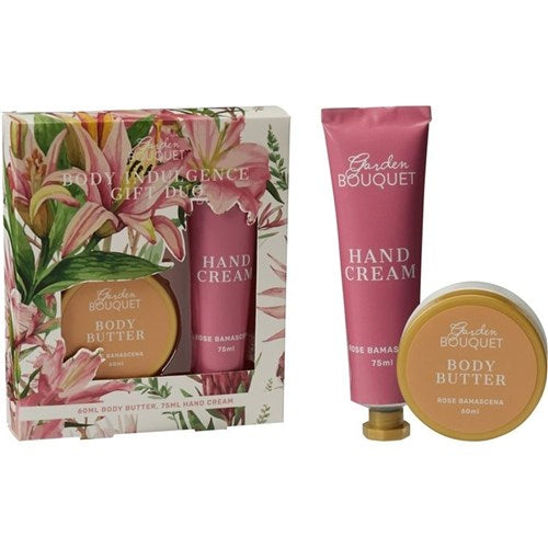 Assorted bath and body products presented in a decorative gift box