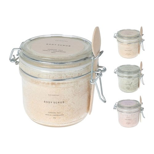 250g glass jar of exfoliating body scrub in assorted fragrances