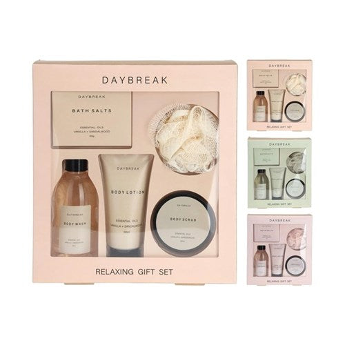 Five piece colourful bath and body collection inside a gift box