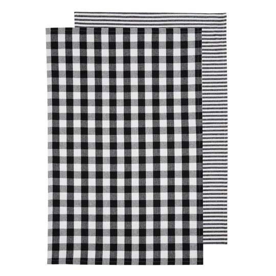 Set of two black and white gingham tea towels recycled