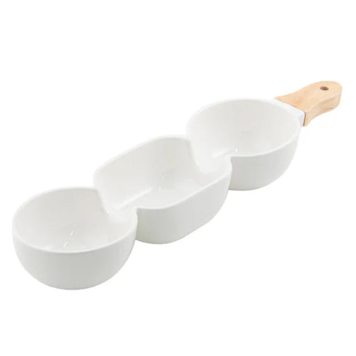 White three bowl serve stick with sauces