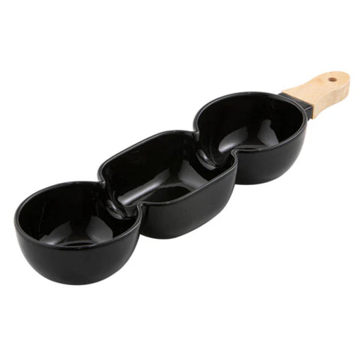 Black three bowl serve stick with condiments