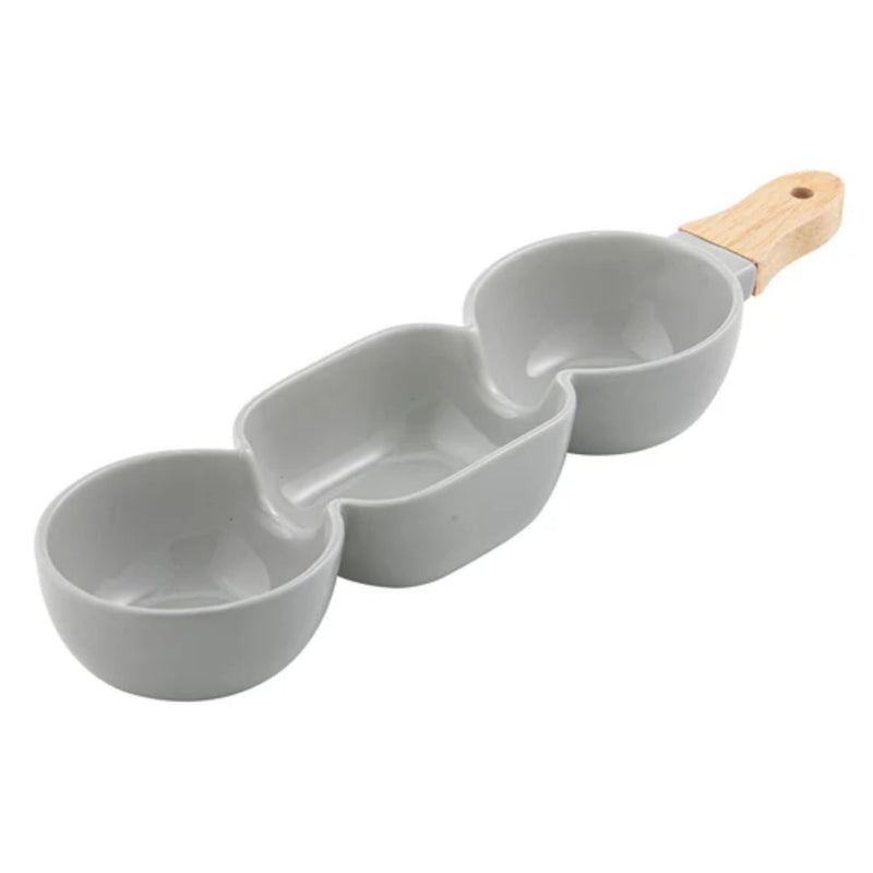 Grey three bowl serve stick with condiments
