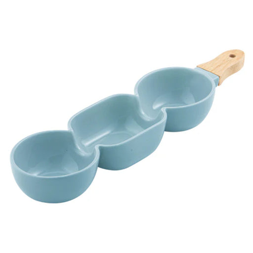 Blue three bowl serve stick holding sauces