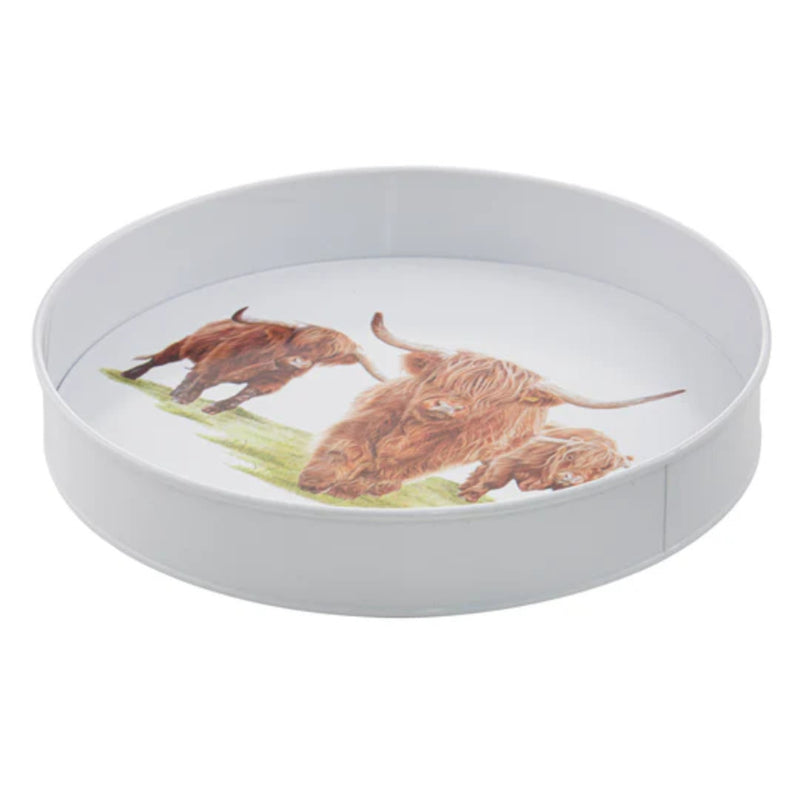 Round serving tray with Highland cattle illustration