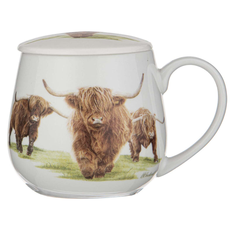 Ceramic infuser mug with lid and Highland cow art