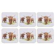 Six coasters with Highland herd illustration on table