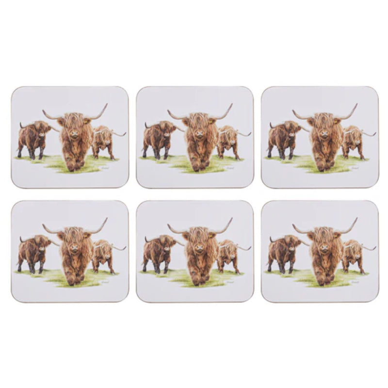 Six coasters with Highland herd illustration on table