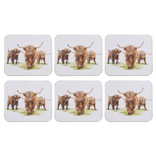 Six coasters with Highland herd illustration on table
