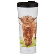 Insulated travel mug with Highland cow artwork and lid