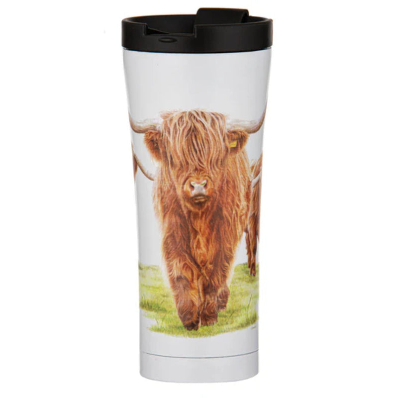 Insulated travel mug with Highland cow artwork and lid