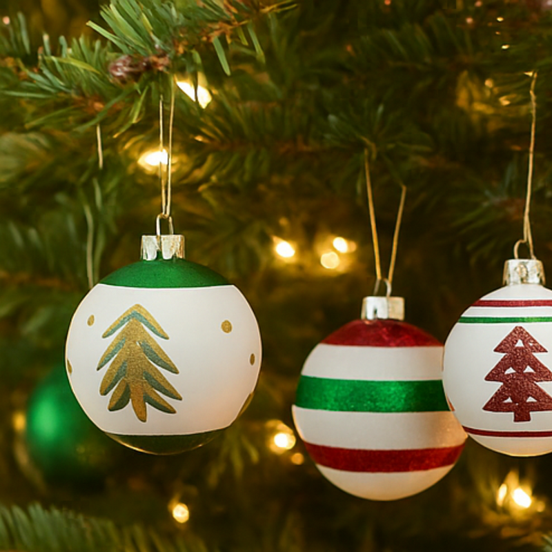 Decorative Christmas ornaments on a lit Christmas tree