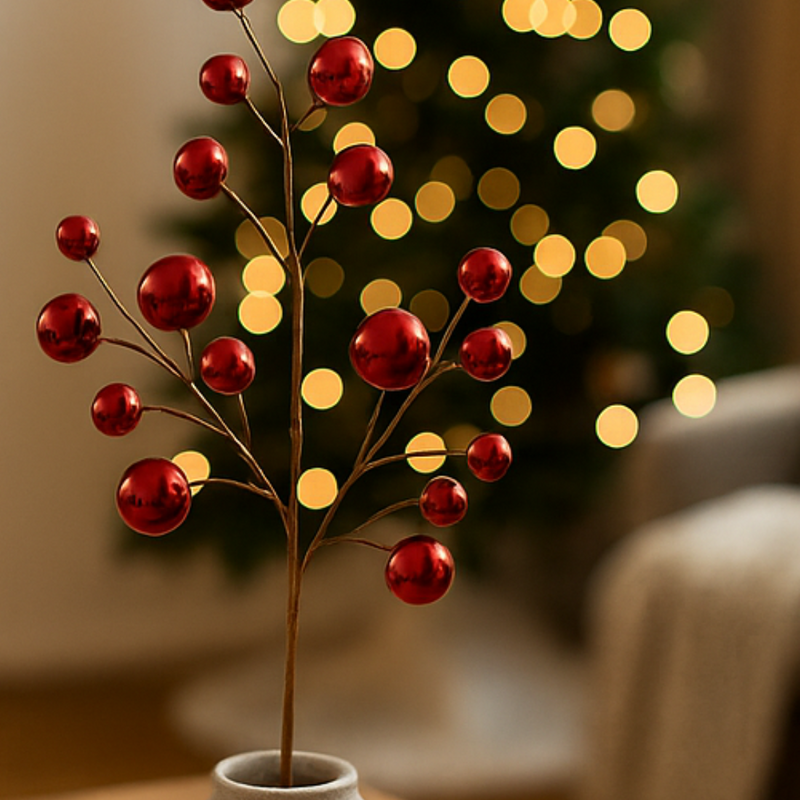 Decorative red berry tree with blurred lights in the background