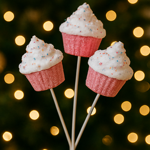 Three pink cupcake marshmallow pops with white frosting against a blurred light background
