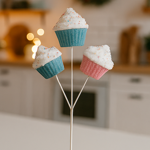 Three cupcake-shaped marshmallows on a stick with a blurred kitchen background