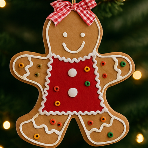 Decorative gingerbread man ornament with a red bow on a Christmas tree.