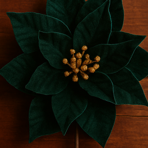 Artificial green poinsettia plant with gold center on a wooden surface