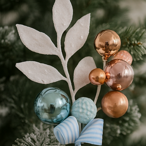 Decorative ornament with metallic balls and a leaf-like design on a blurred green background