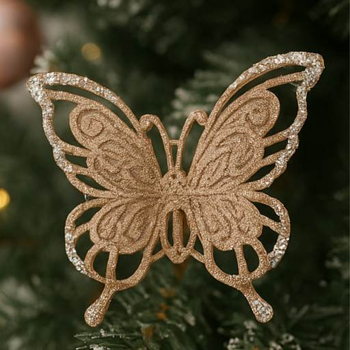 Decorative butterfly ornament on a Christmas tree