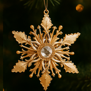 Decorative gold snowflake ornament with a gemstone center on a dark background