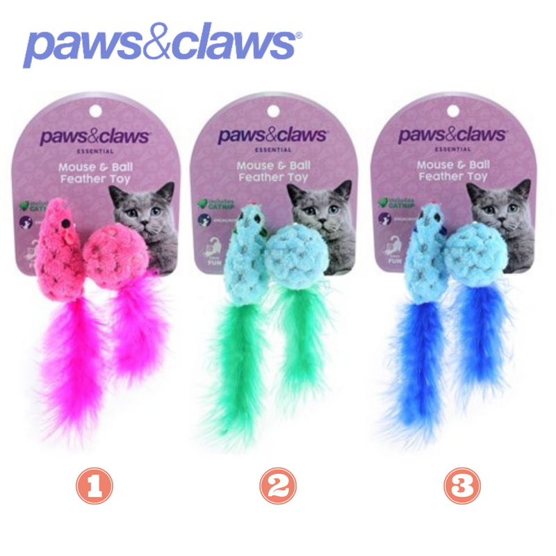 Mouse And Ball Feather Cat Toy 3 Asstd Colours 15cm 2pk