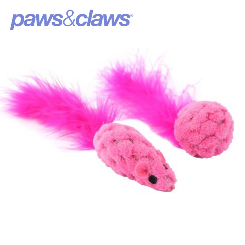 Mouse And Ball Feather Cat Toy 3 Asstd Colours 15cm 2pk