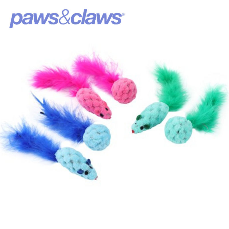 Mouse And Ball Feather Cat Toy 3 Asstd Colours 15cm 2pk