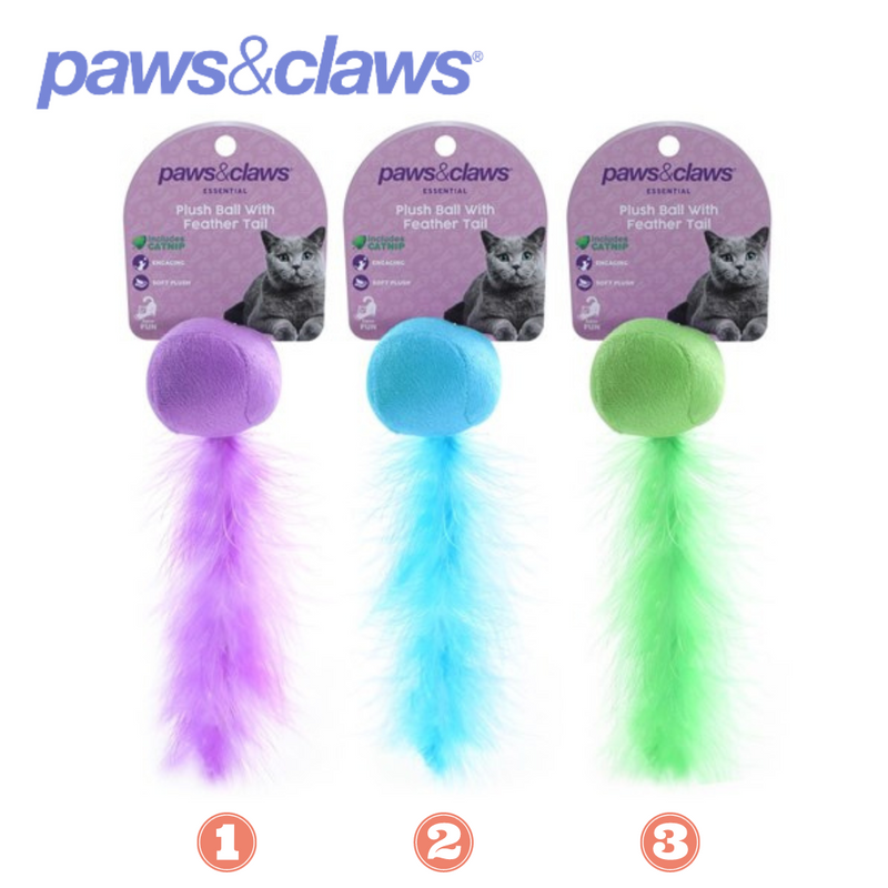 Plush Ball W/ Feather Tailcat Toy 3 Asstd 20x5cm
