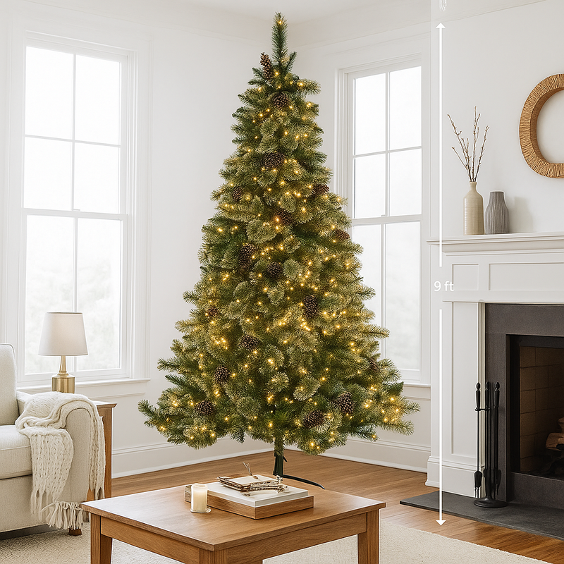 9ft (274cm) Wintery Pine artificial Christmas tree with pre-lit twinkle lights, featuring a realistic green pine look, perfect for a cozy and illuminated holiday display.