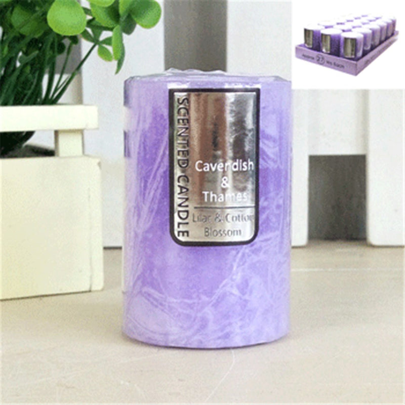 Lilac cotton blossom scented pillar candle 5x7.5cm