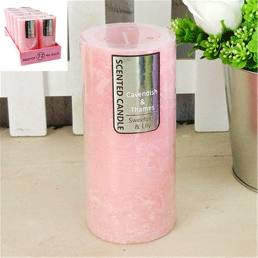 Large pink sweetpea lily scented pillar candle 7x15cm