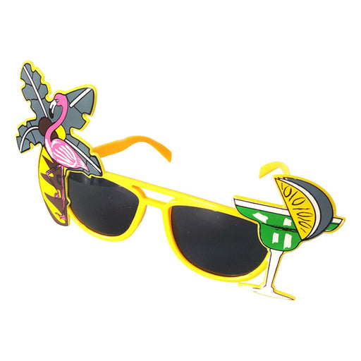 Novelty eyewear featuring tropical island and beach motifs