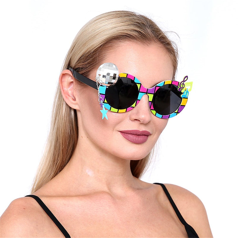 Bold geometric novelty eyewear with neon accents from a retro decade