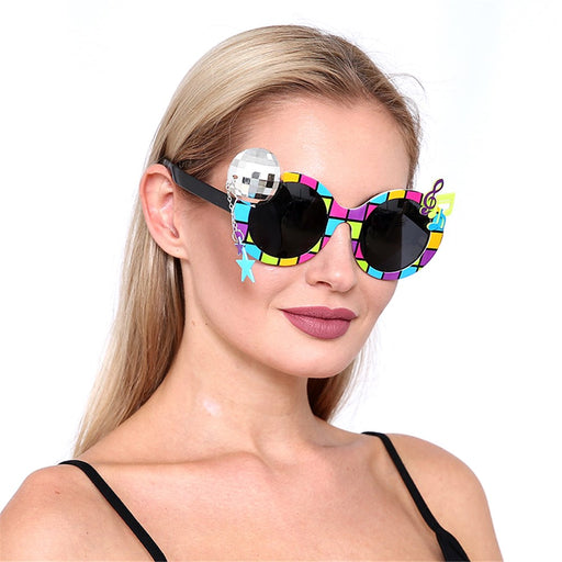 Bold geometric novelty eyewear with neon accents from a retro decade