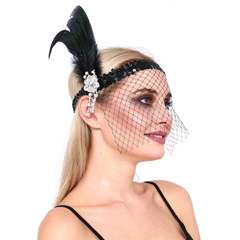 Black flapper headband with silver feather
